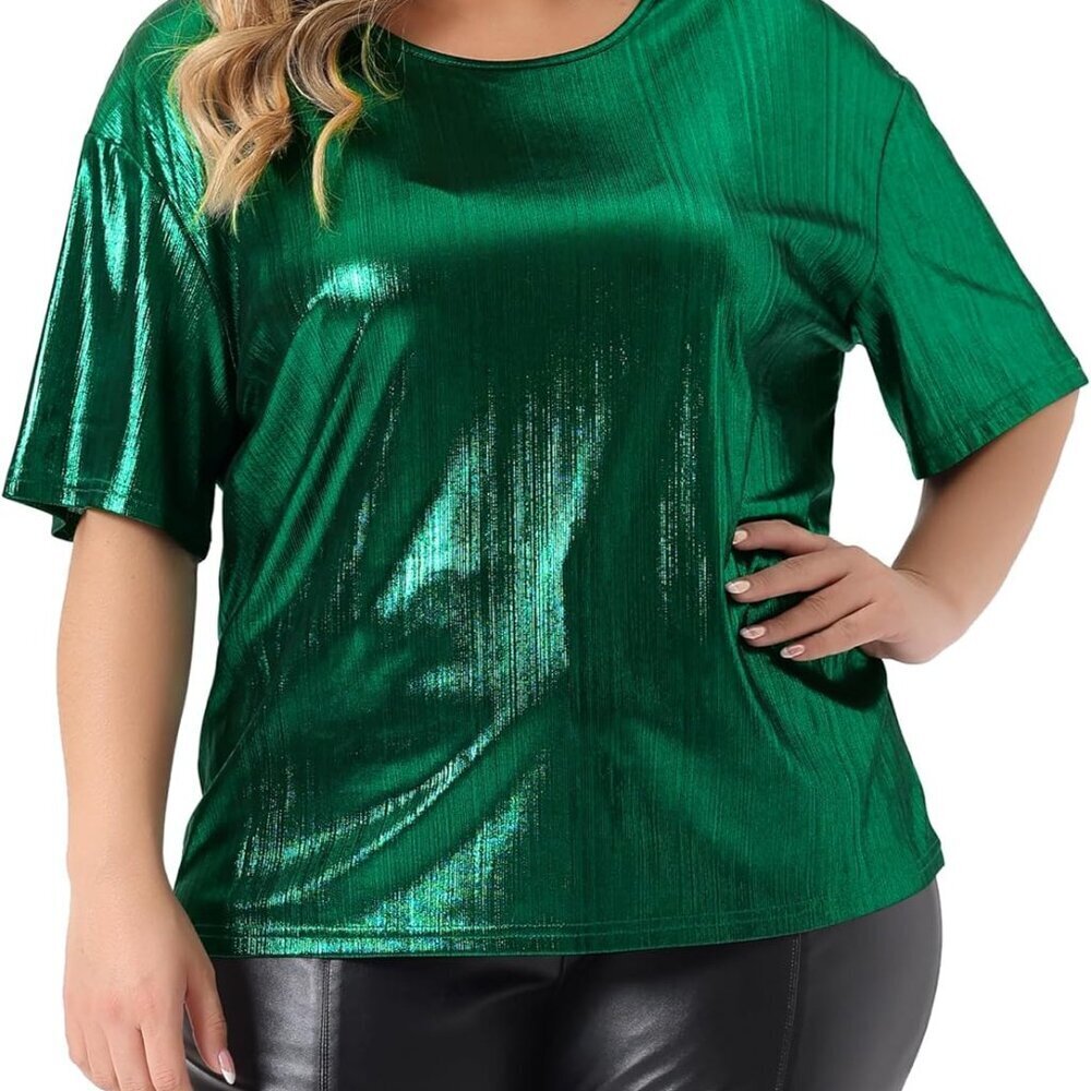 Plus Size Metallic Tops for Women Round Neck Short Sleeve Party Shirts Disco Blo